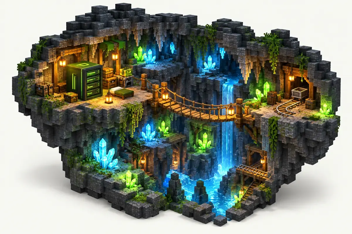 Beyond Depth server: a deep cave with glowing crystals and a rope bridge