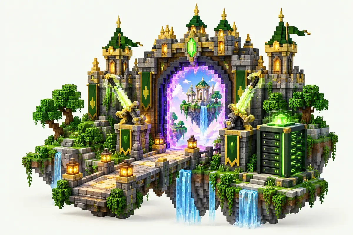 Cisco's Fantasy Medieval RPG server: a castle with magic swords and a portal to a sky island