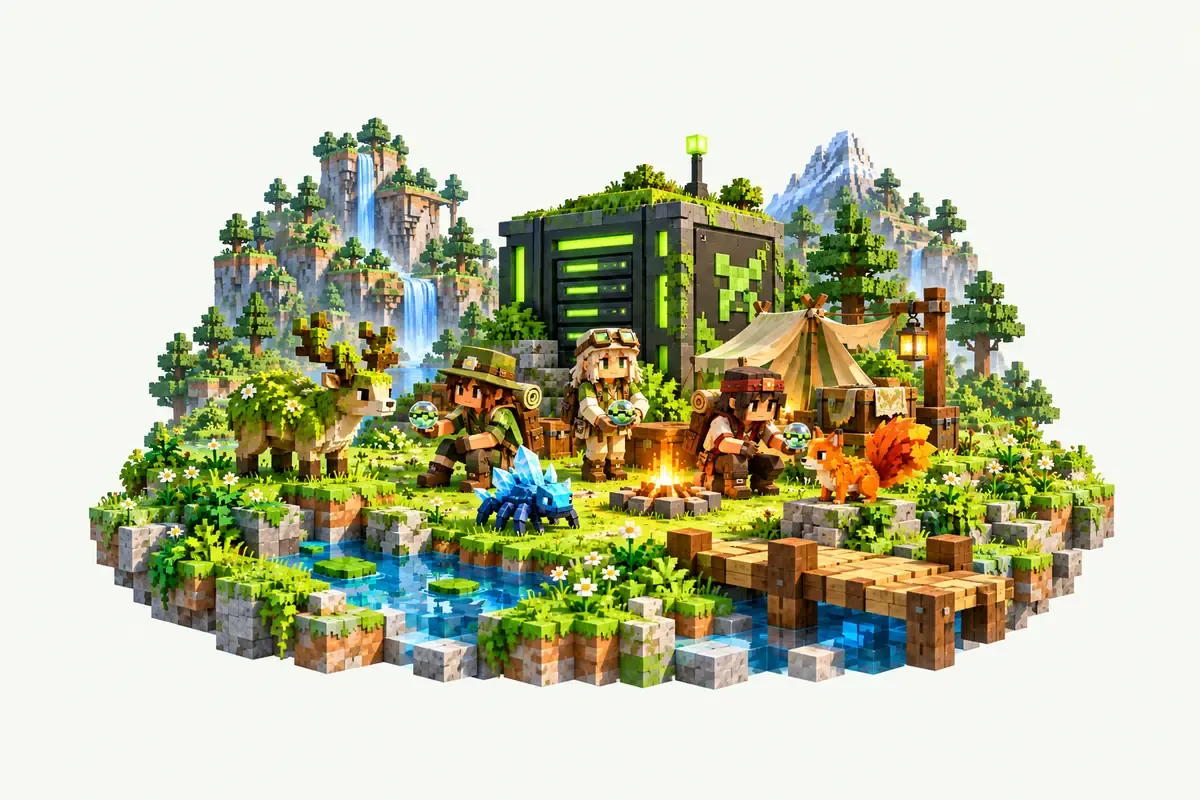 Cobblemon server: a meadow with small fantasy creatures to catch and train