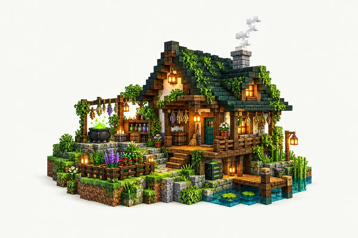 Cottage Witch server: a witch cottage with a herb garden, a cauldron and a broom