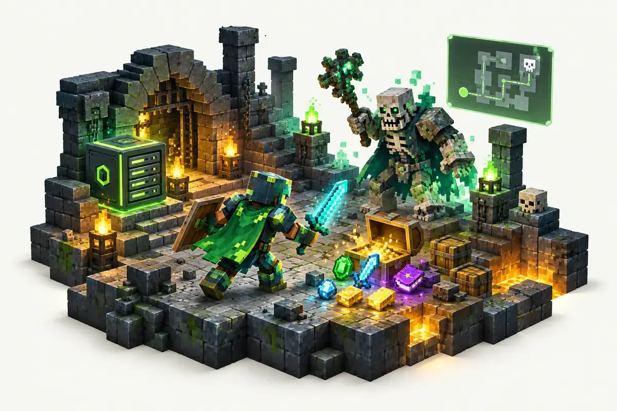 Craft to Exile 2 server: an adventurer in a dungeon with loot in rarity colours
