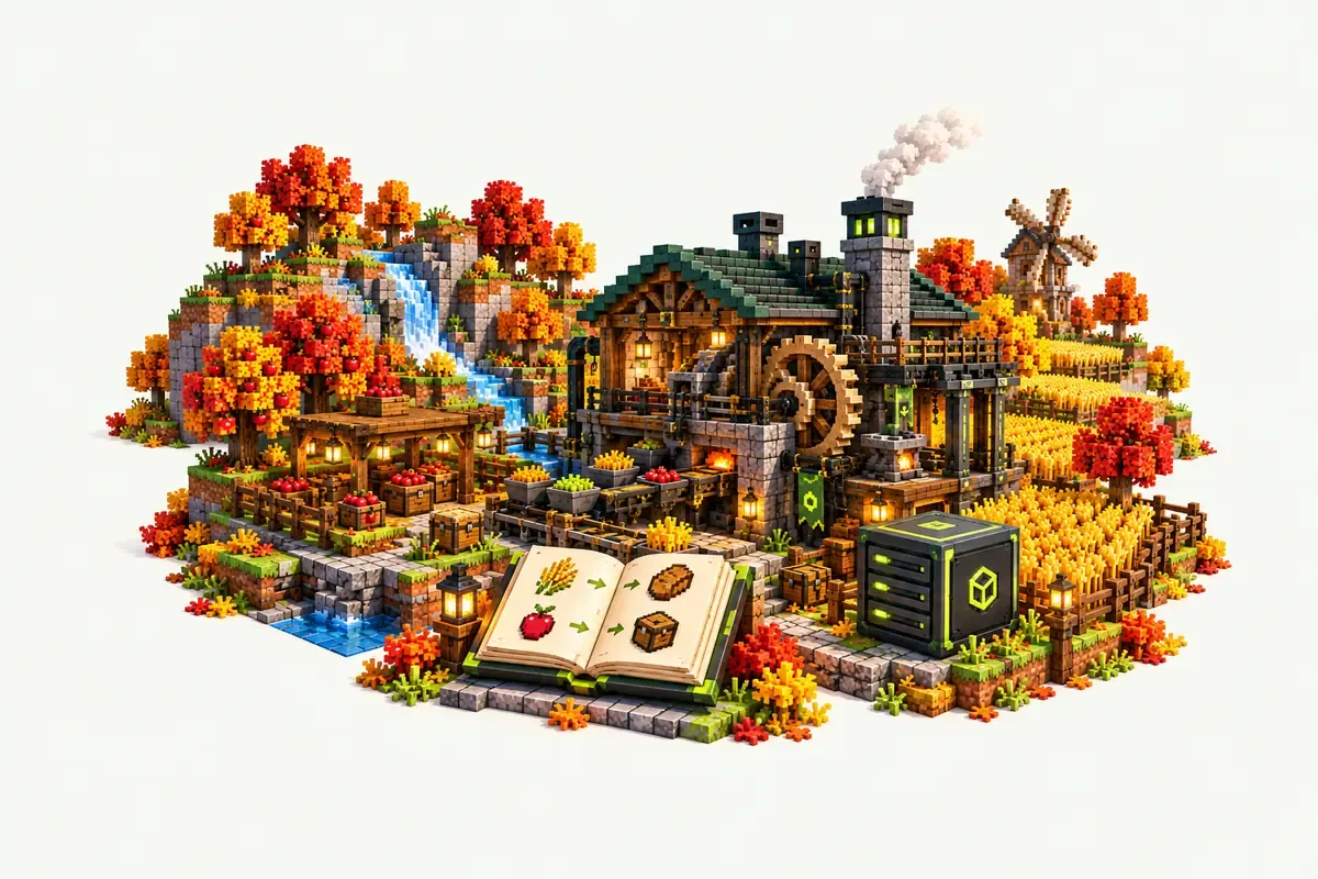 Craftoria server: a gear driven factory next to autumn fields and a quest book