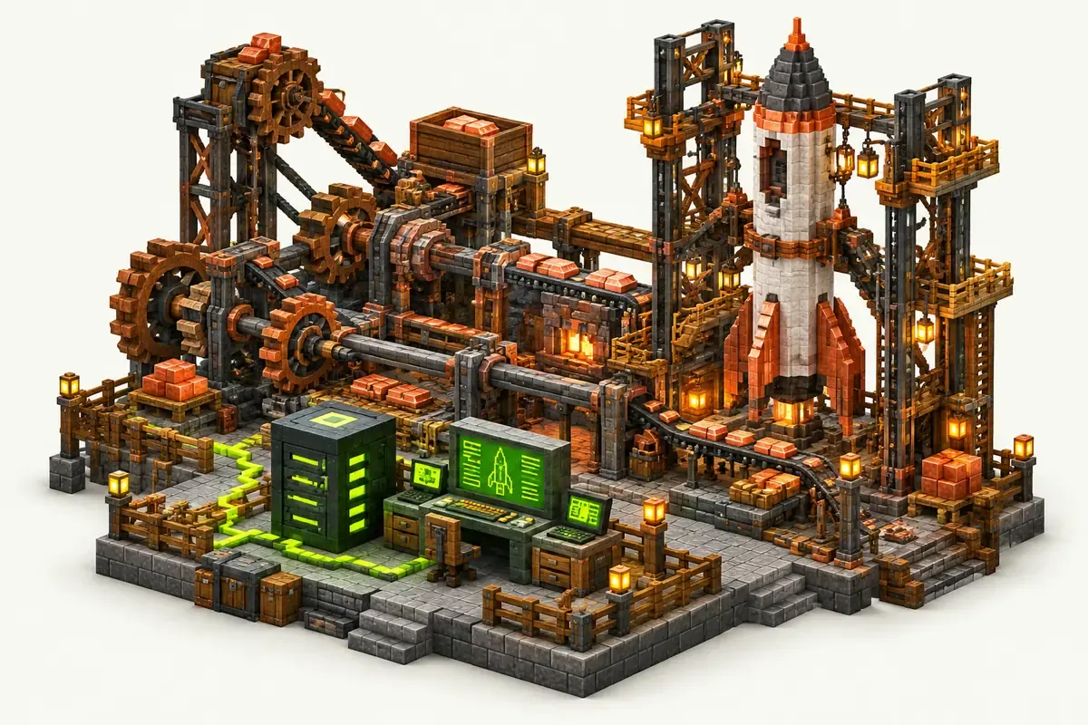 Create: Above and Beyond server: a copper workshop with cogwheels, shafts and a rocket in scaffolding