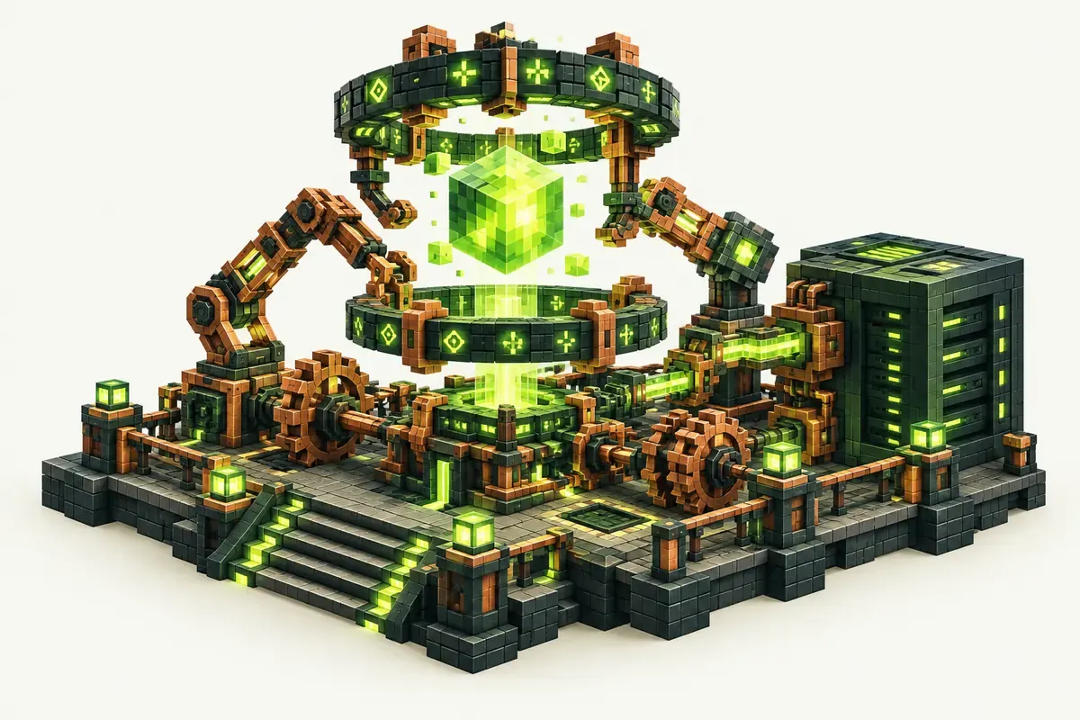 Create: Arcane Engineering server: cogs and mechanical arms with magic rune rings