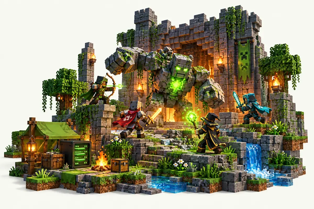 DawnCraft server: four adventurers fighting a stone boss at a dungeon gate
