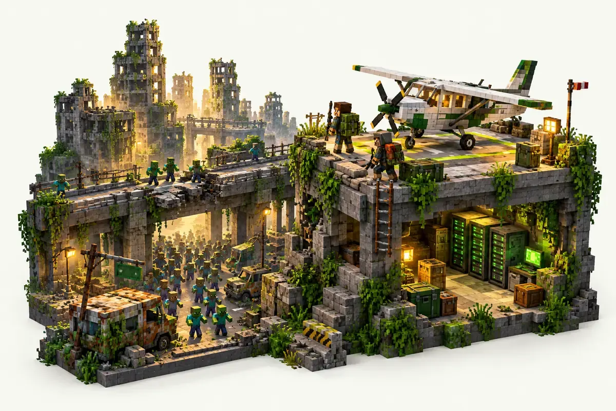 DeceasedCraft server: an abandoned city with a broken highway, zombies, two survivors and a small plane