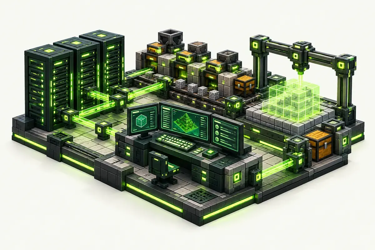 Direwolf20 server: a tech base with machine rows, laser cables and a building gadget