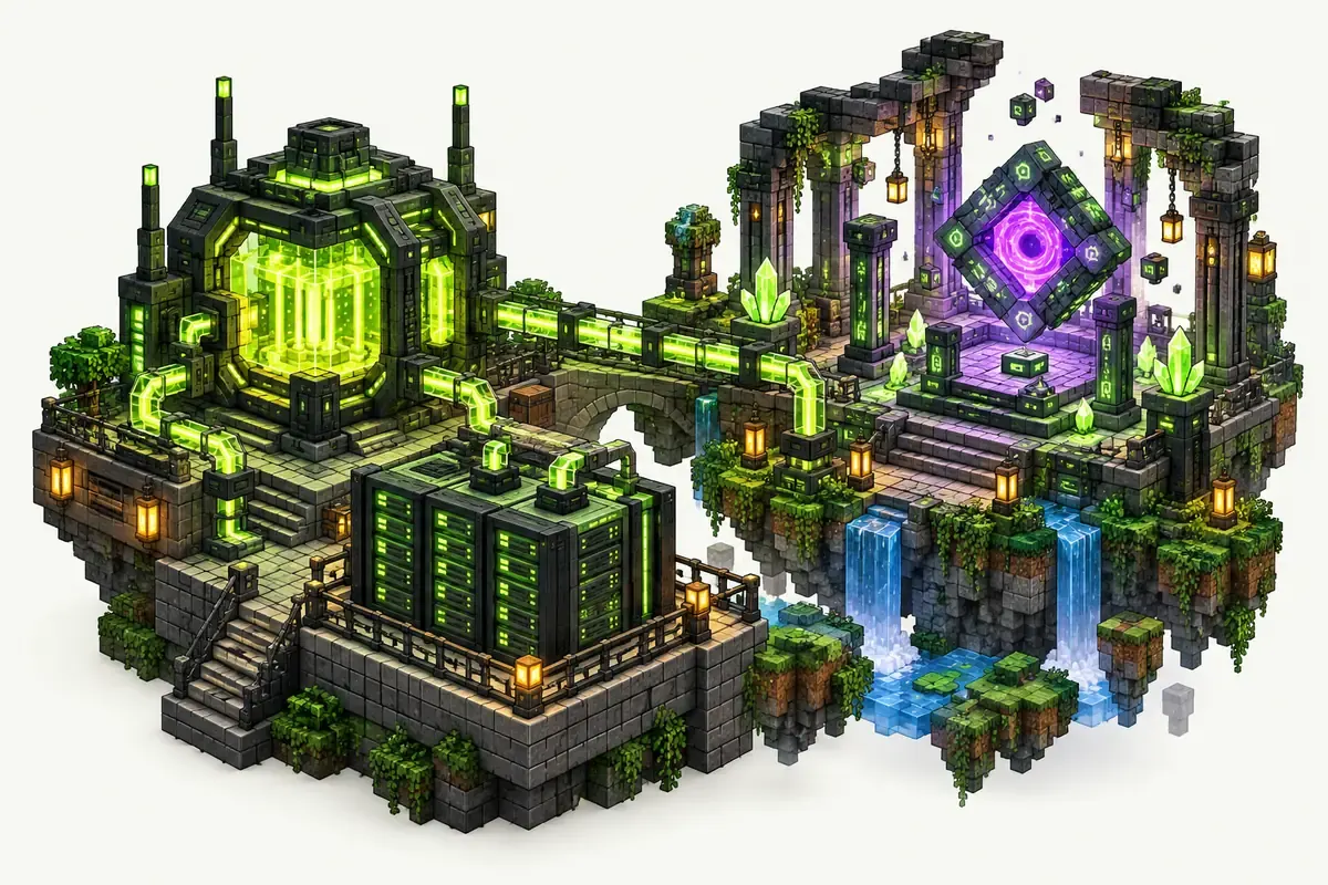 Enigmatica 10 server: a reactor with energy cables next to a magic chamber