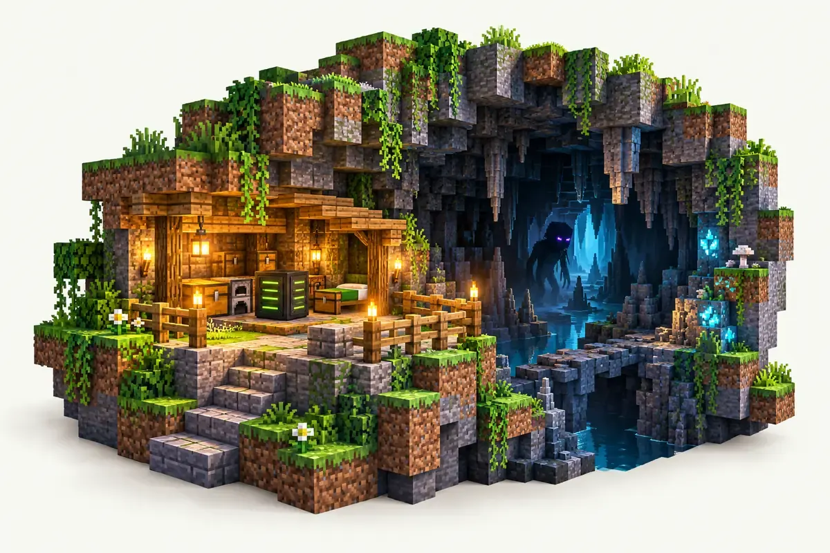 Fear Nightfall server: a dark cave with a shadow creature and a torch lit shelter