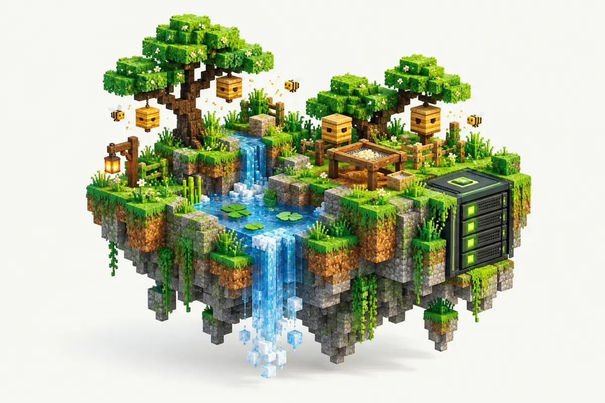 FTB Skies server: a floating skyblock island with bonsai trees, a sieve and beehives