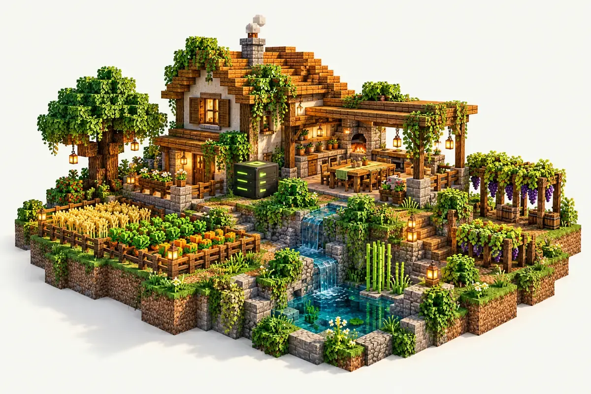 Homestead server: a farm with crop fields, a vineyard, a kitchen and furniture