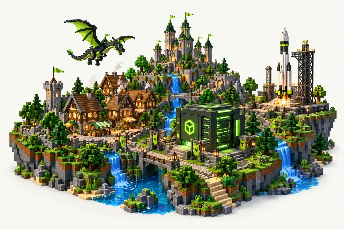 MC Eternal 2 server: a colony of timber houses, a dragon in the sky and a rocket launch pad