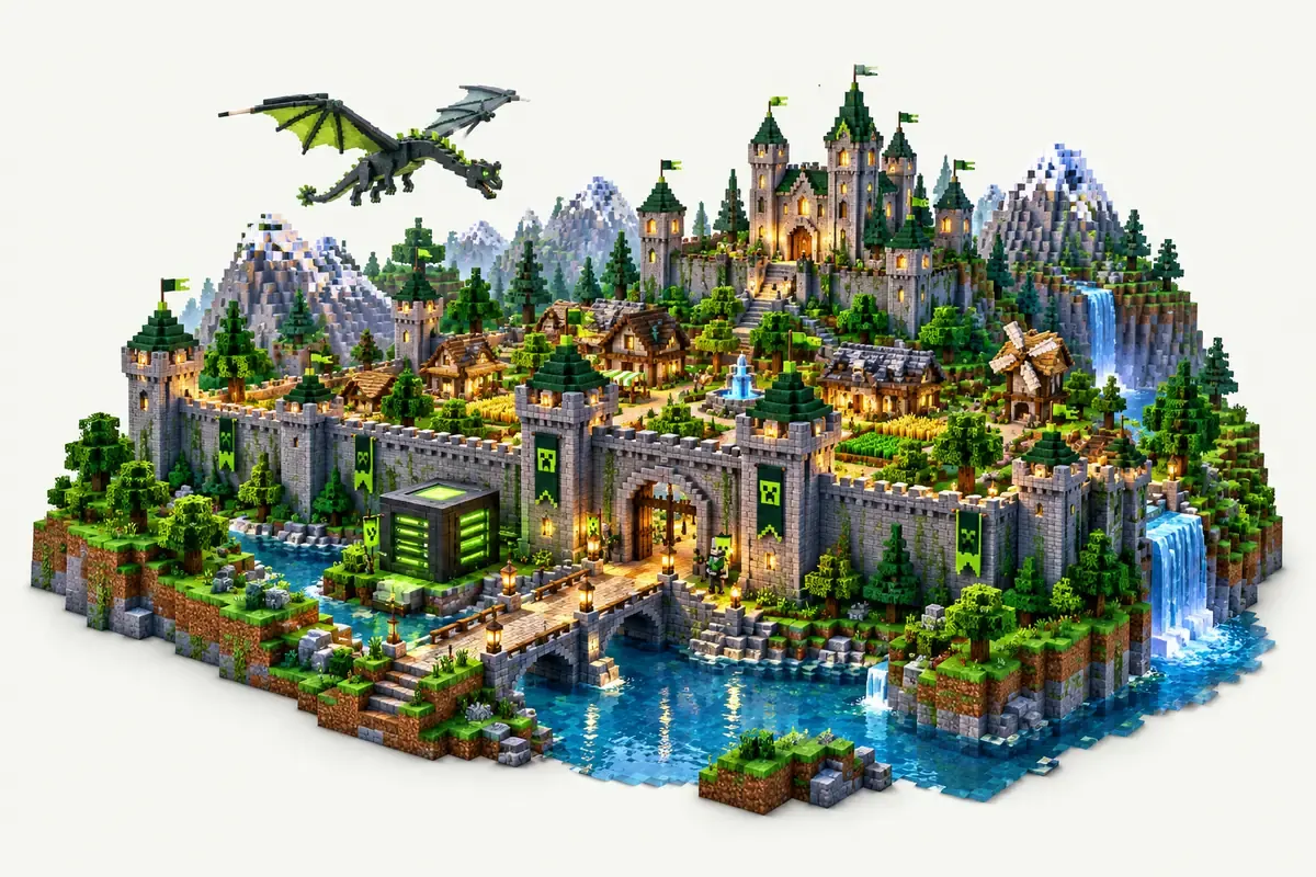 Medieval MC server: a walled town with knights and a dragon above the mountains