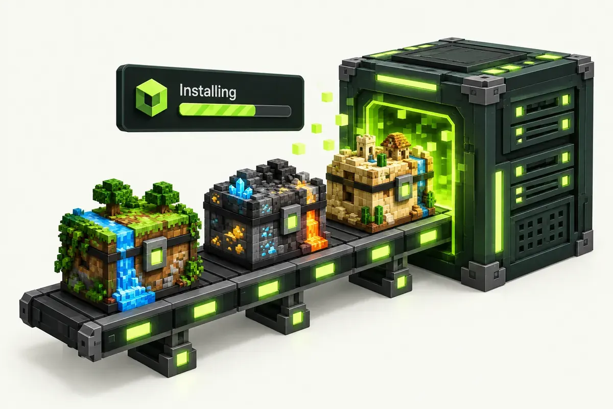 Minecraft modpack server hosting: three modpack chests on a rail being installed into a server
