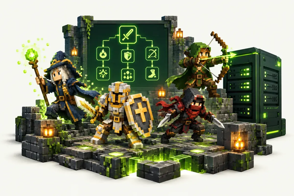 Prominence II server: a mage, a paladin, a rogue and an archer on a dungeon platform