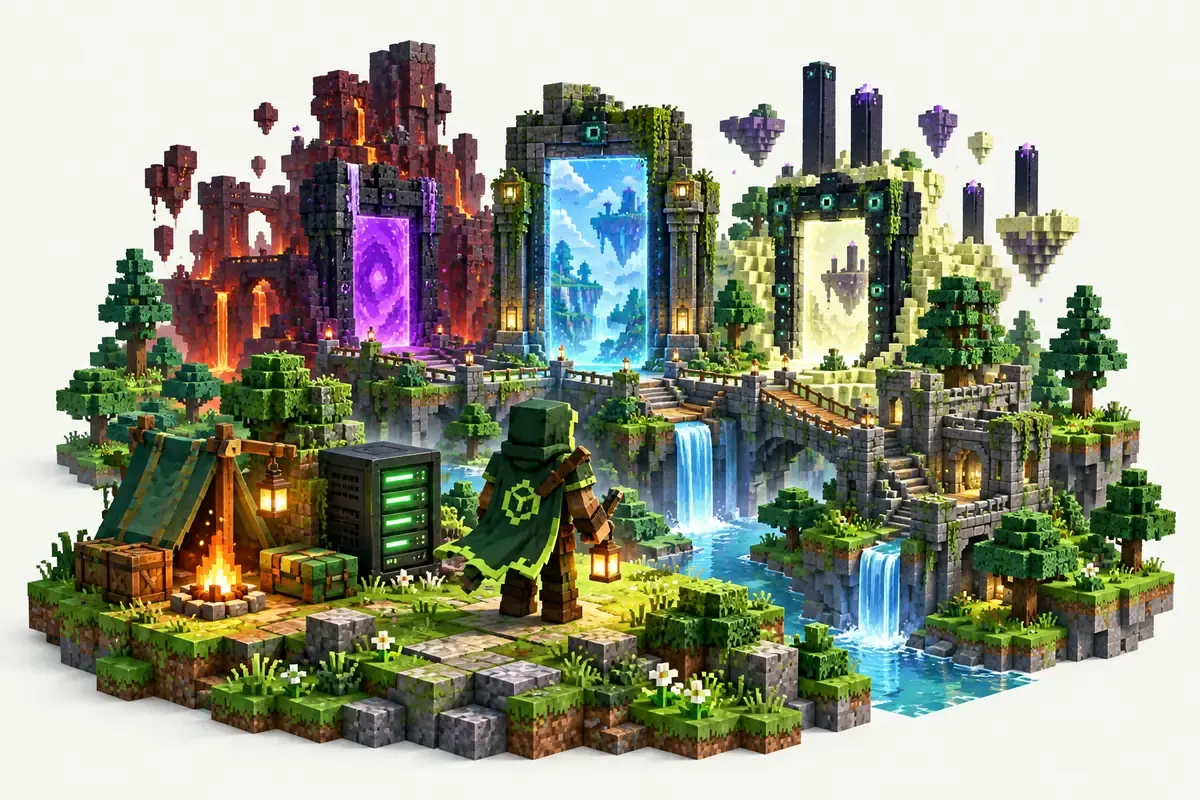 RAD2 server: an adventurer in front of three dimension portals with dungeons on the hills