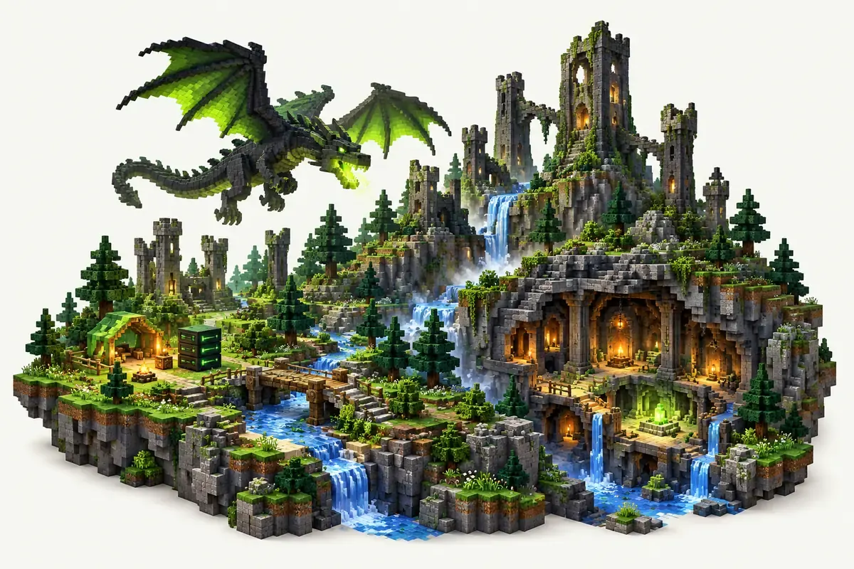 RLCraft Dregora server: broken towers, a dragon and a buried dungeon in a rough landscape