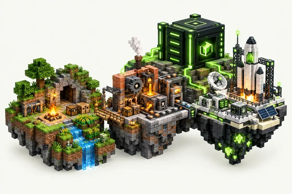 SevTech: Ages server: stone tools, then a mechanical workshop, then a rocket, age by age