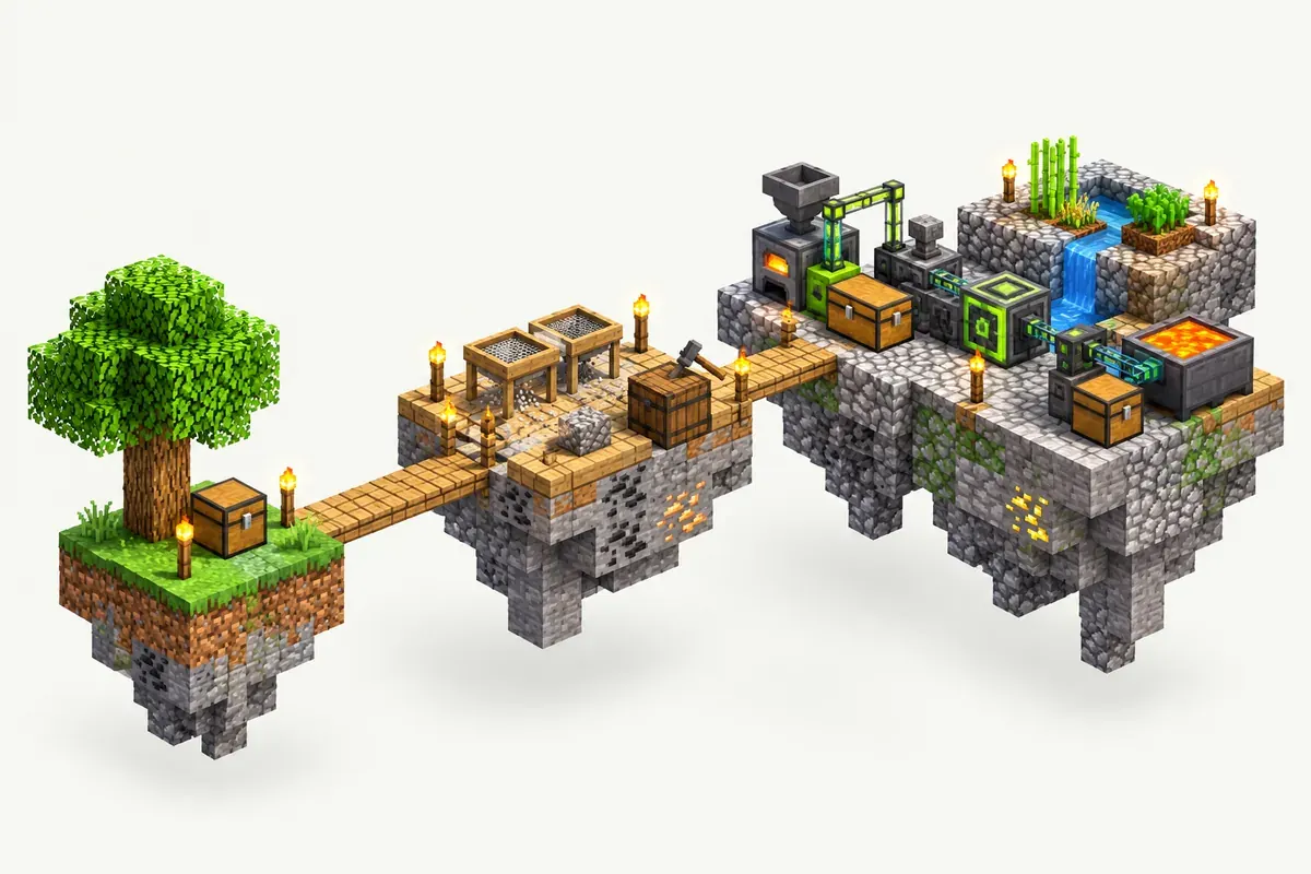 SkyFactory server: one tree on a block in the void, sieves and hammers, then machines
