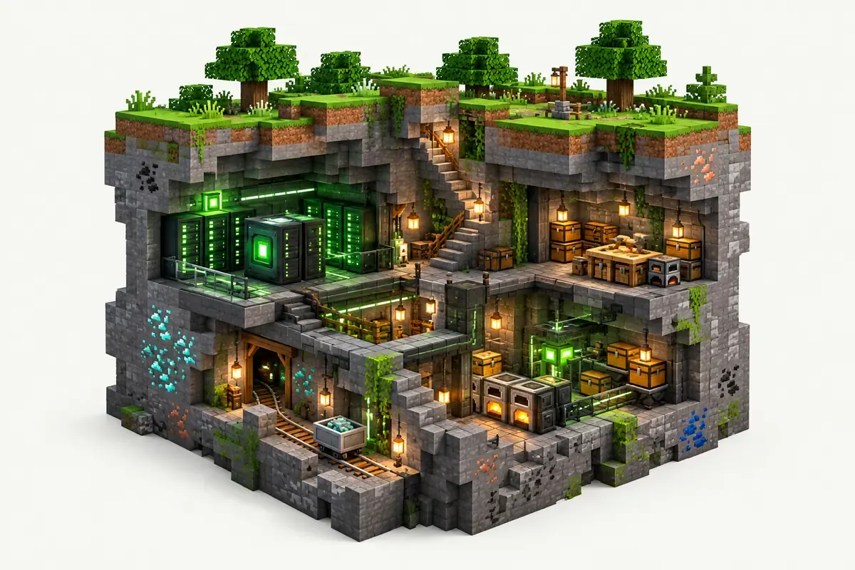 StoneBlock server: a base dug out of solid stone with tunnels, hammers and machines