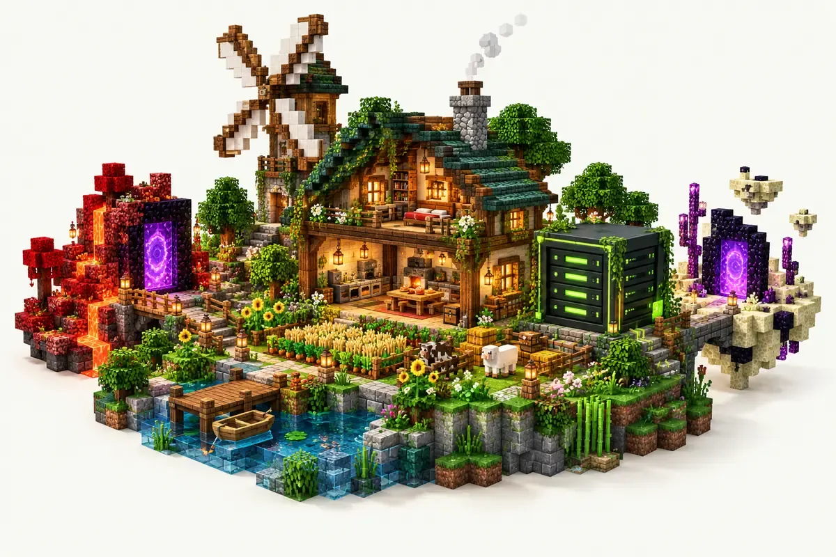 Valhelsia 6 server: a homestead with a windmill, a kitchen and two portals to other worlds
