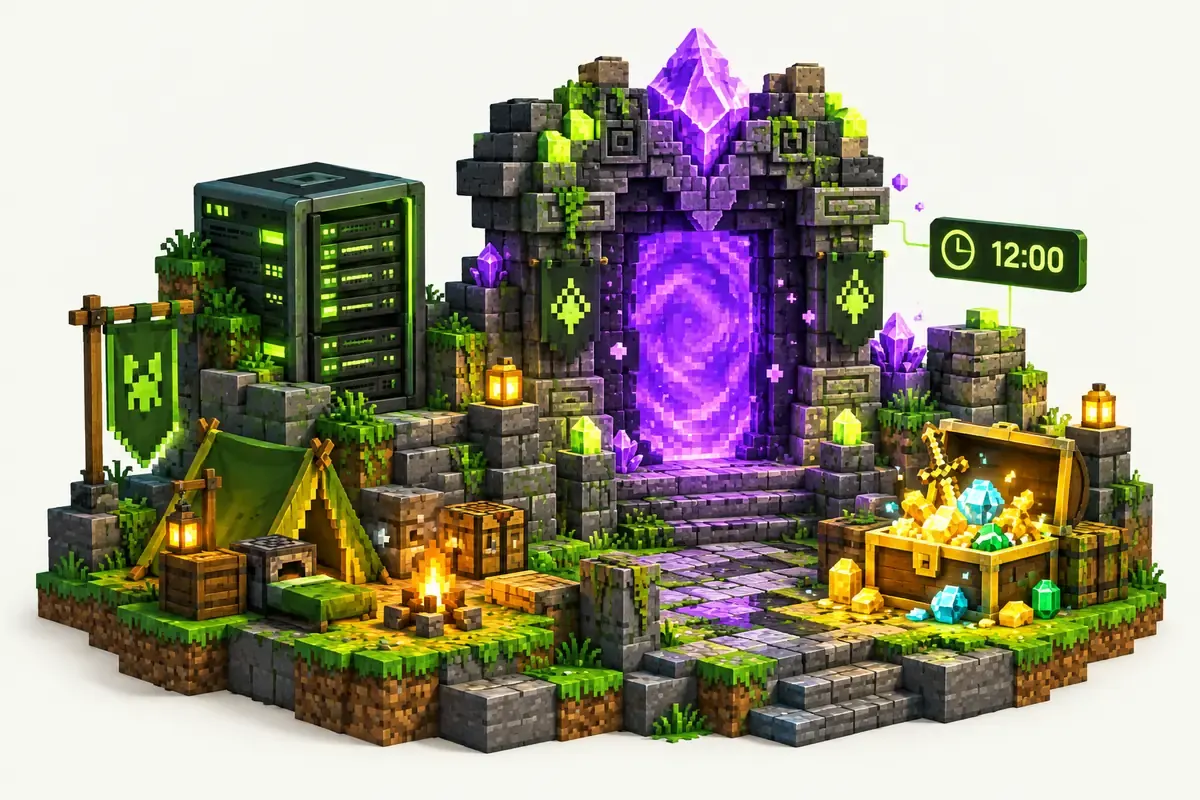 Vault Hunters server: a vault portal opened with a crystal, a timer and a chest of loot