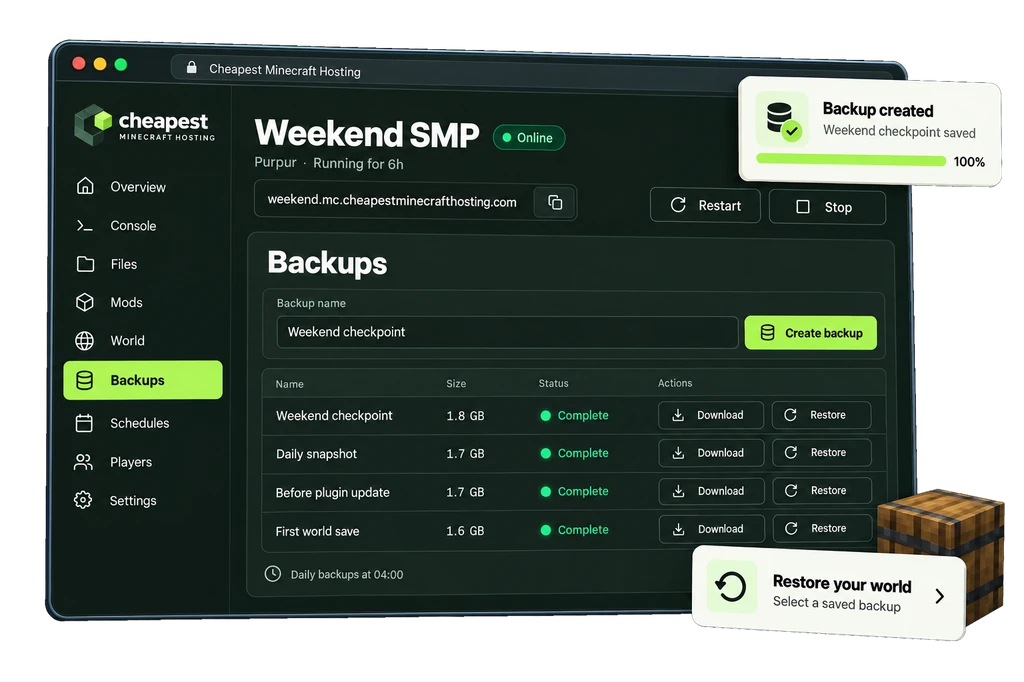 Minecraft server control panel: Backups and restore