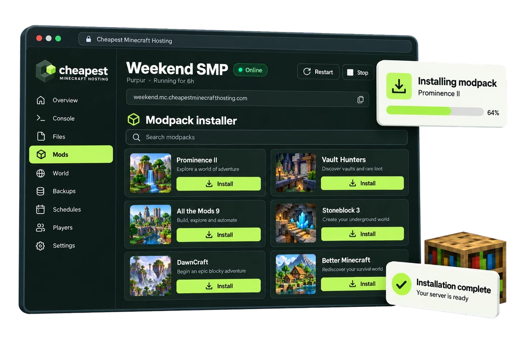 Minecraft server control panel: Install modpacks