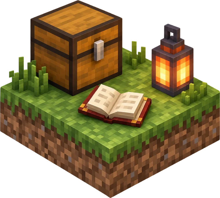 A Minecraft chest with an open book and a lantern on a grass block, for questions about Minecraft server prices