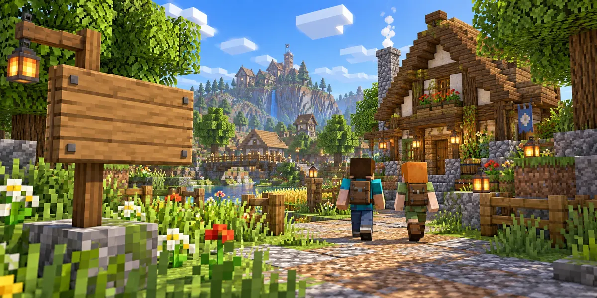 Two Minecraft players walking past a wooden signpost towards a village, for your own Minecraft server address