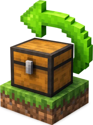 A Minecraft chest with a green arrow curving back over it, for restoring a Minecraft server backup