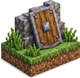 A wooden shield in front of a stone wall on a grass block, for DDoS protection of a Minecraft server