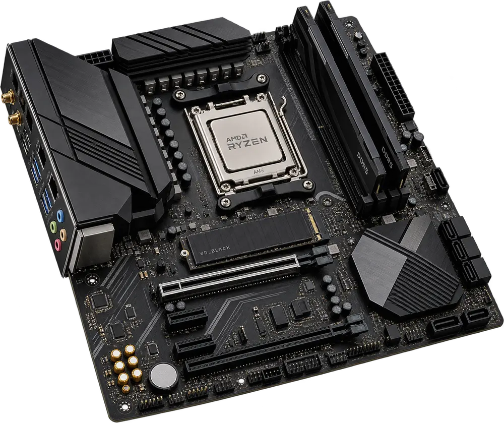 An AMD Ryzen 9 7950X processor on a motherboard with DDR5 memory and an NVMe drive, the hardware for Minecraft server hosting