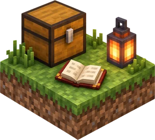 A lantern, an open book and a chest on a grass block, for Minecraft server support and guides